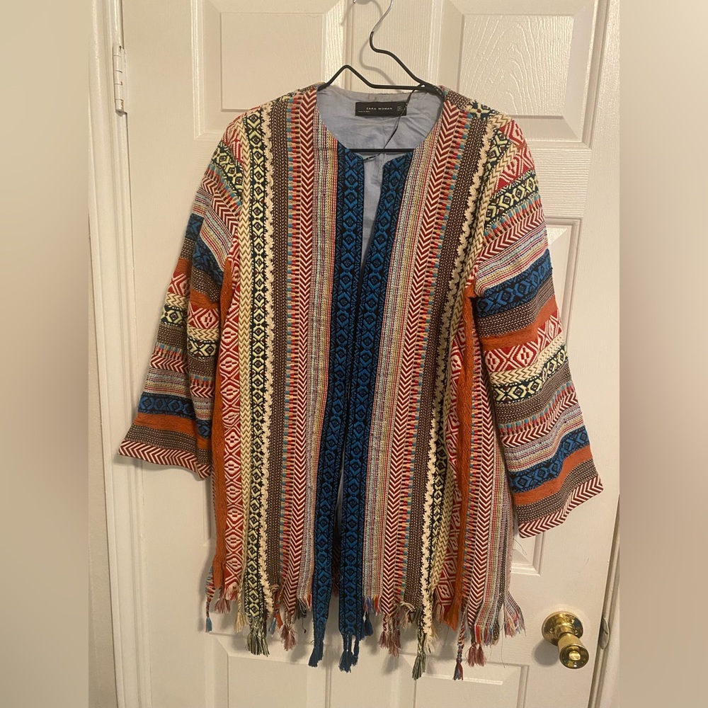 Zara Women Striped Embroidered Ribbon Braided Fringe Tapestry Jacket Sz L